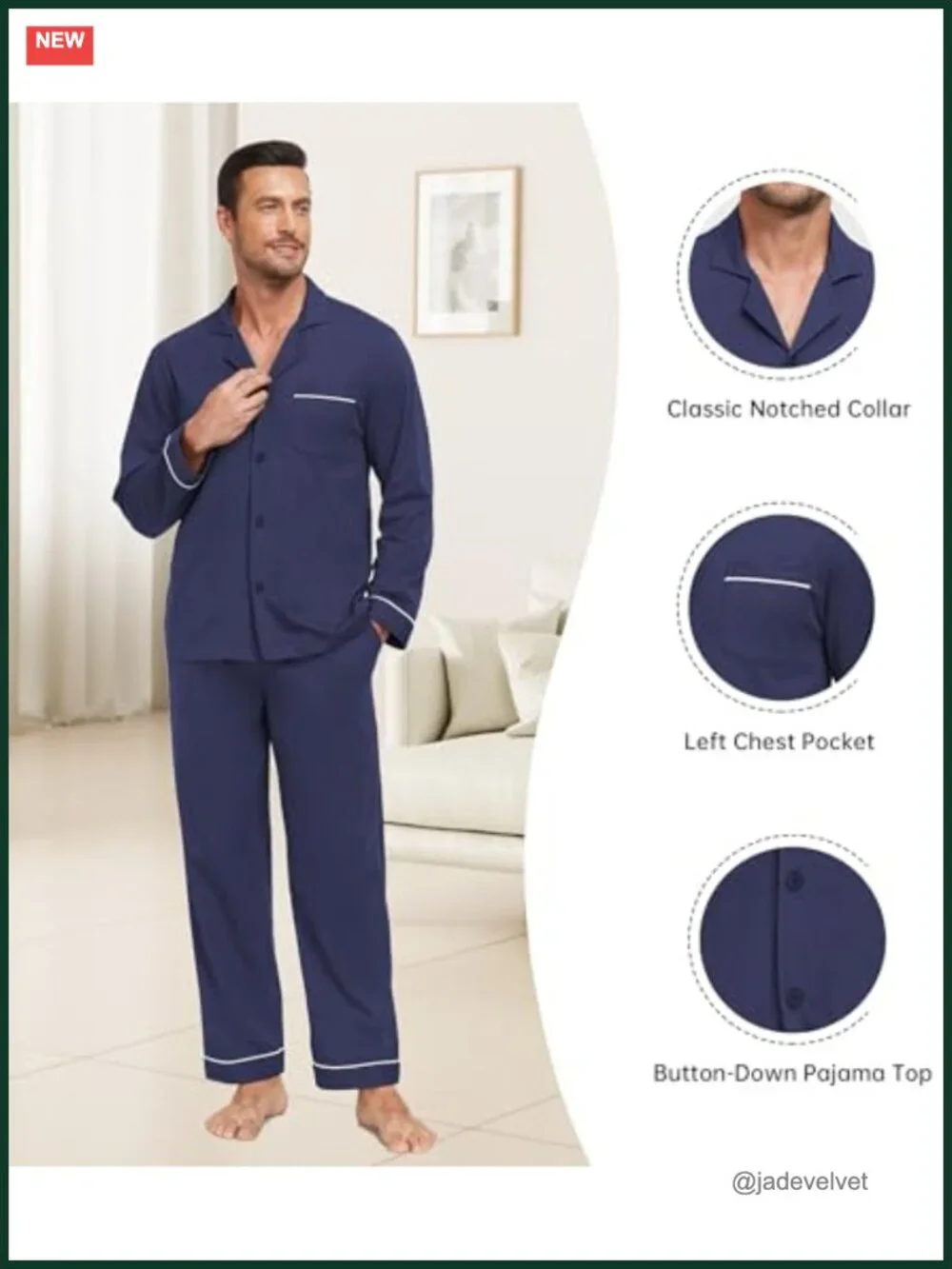 Men's 100% Cotton Pajama Set Long Sleeve Button Up Sleepwear with Pockets